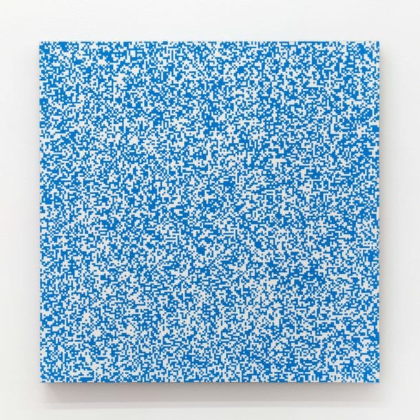 François Morellet's print Répartition aléatoire de 40 000 carrés suivant les chiffres pairs et impairs d’un annuaire de téléphone, 50% bleu, 50% blanc, 1961