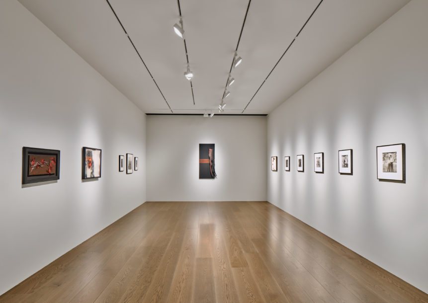installation view with a Carol Rama painting at the center