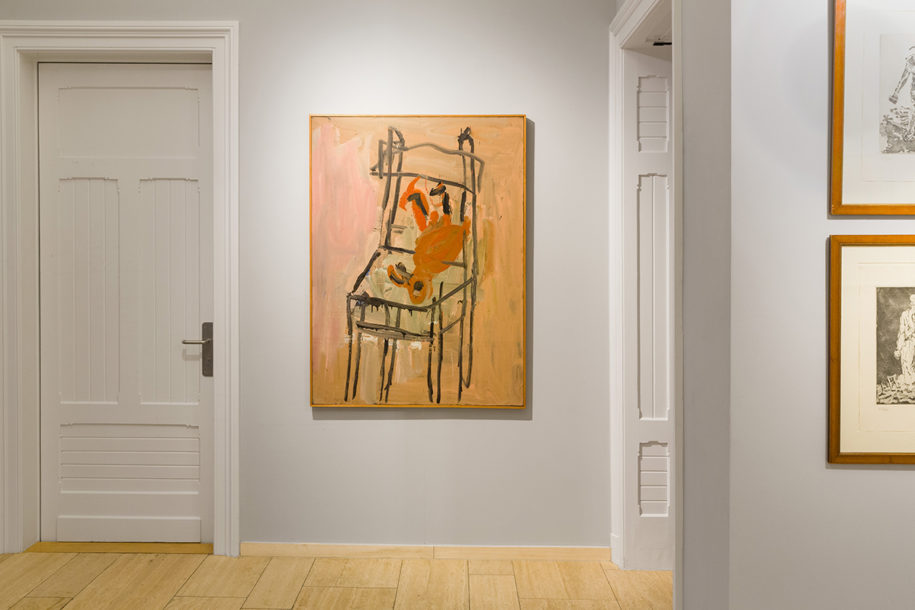Installation view of The World Upside Down: Works by Georg Baselitz 1965–2015, painting titled Vogel