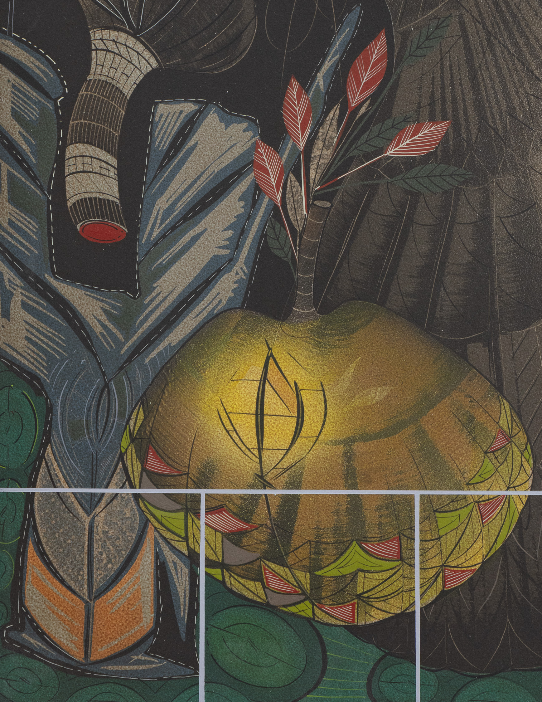 Detail view of Lari Pittman's painting Diorama 13