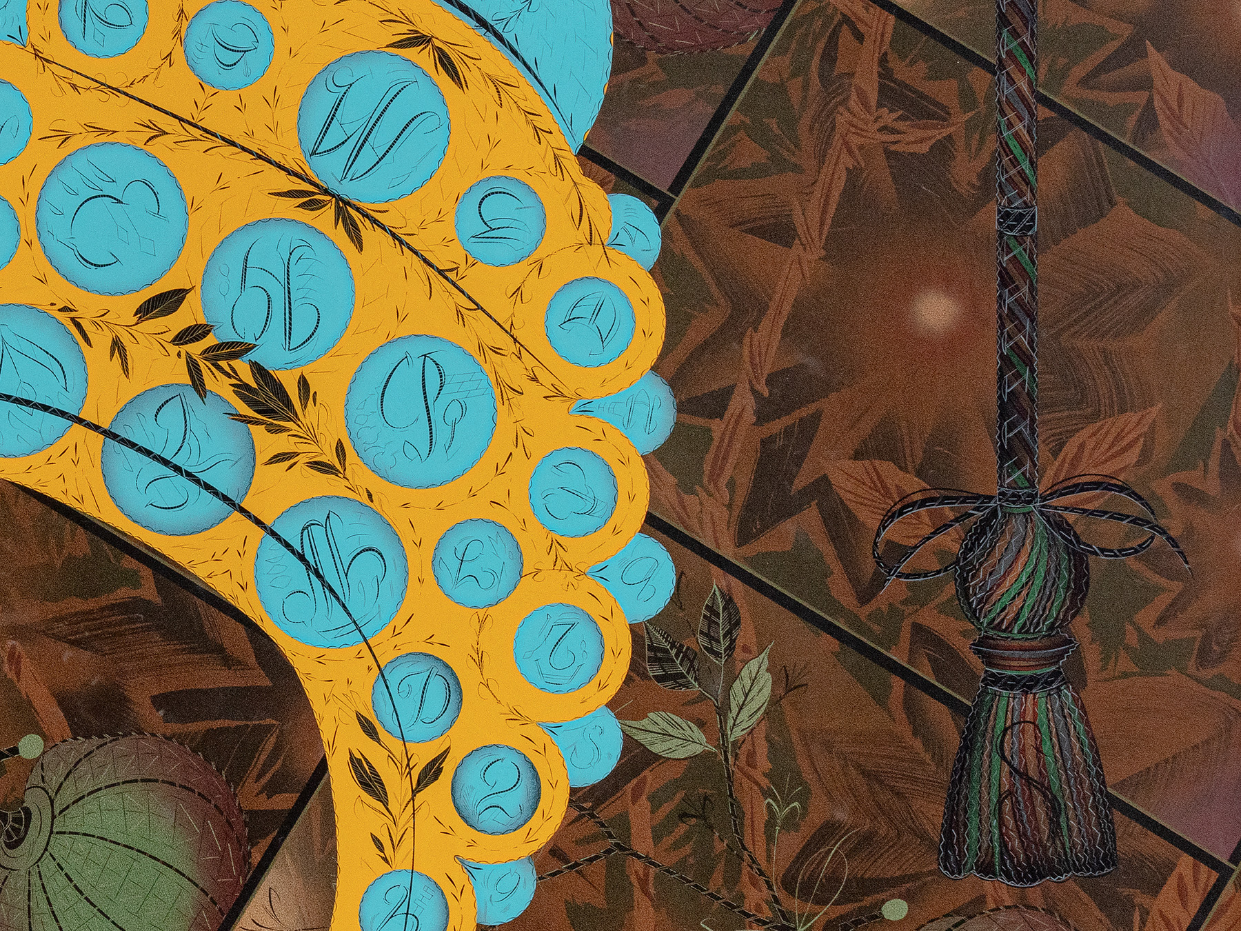 Detail view of Lari Pittman's painting Diorama 3
