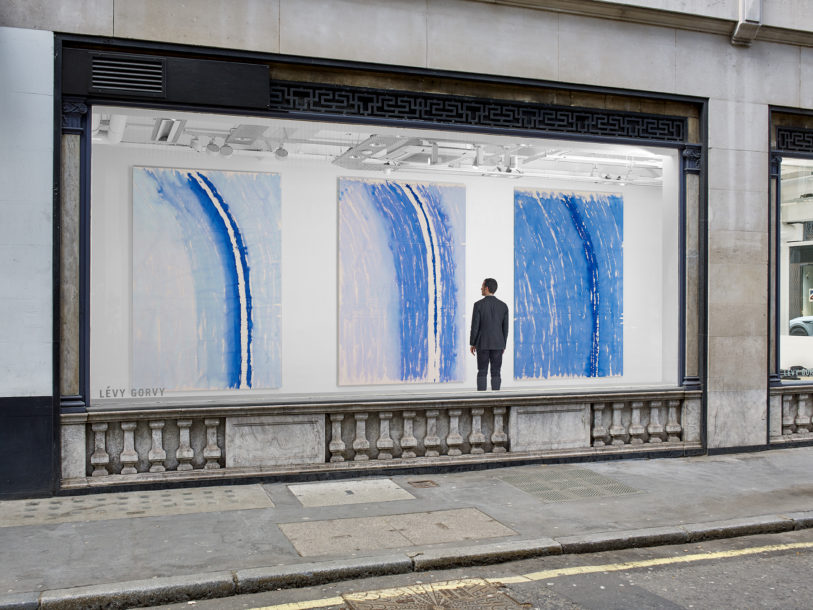 Installation image of Gunther Uecker at 40 Albemarle, featuring paintings from the Lighbtogen series. Outside view of gallery.