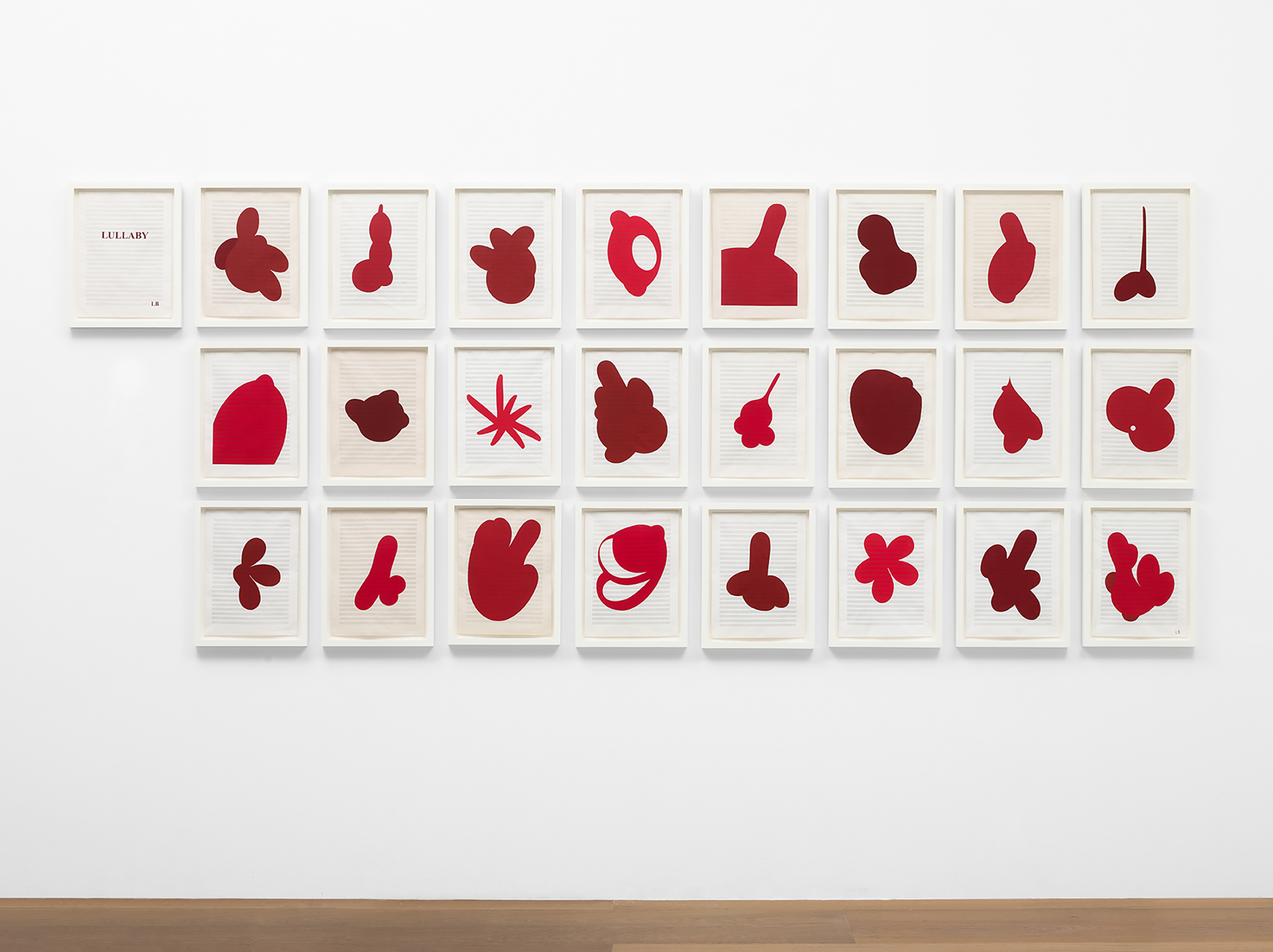 Installation view of Louise Bourgeois's series of 25 screen prints Lullaby