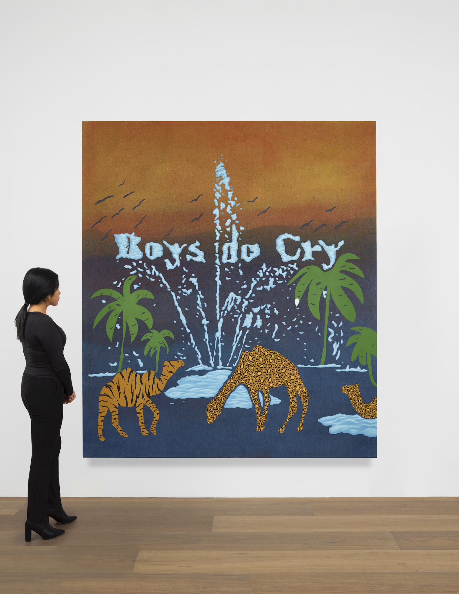 Scale view of Joel Mesler's painting Untitled (Boys Don't Cry)
