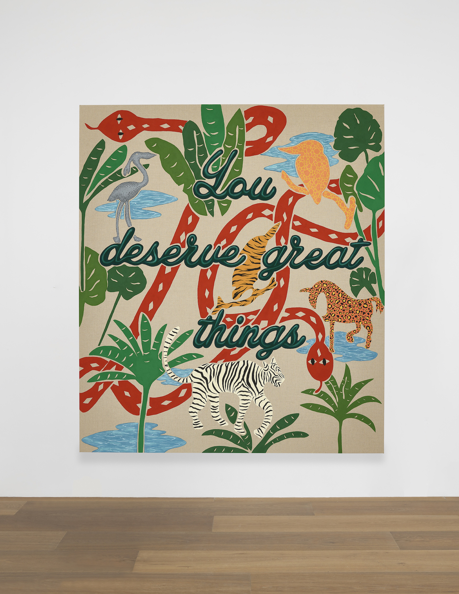 Installation view of Joel Mesler's painting Untitled (You Deserve Great Things)