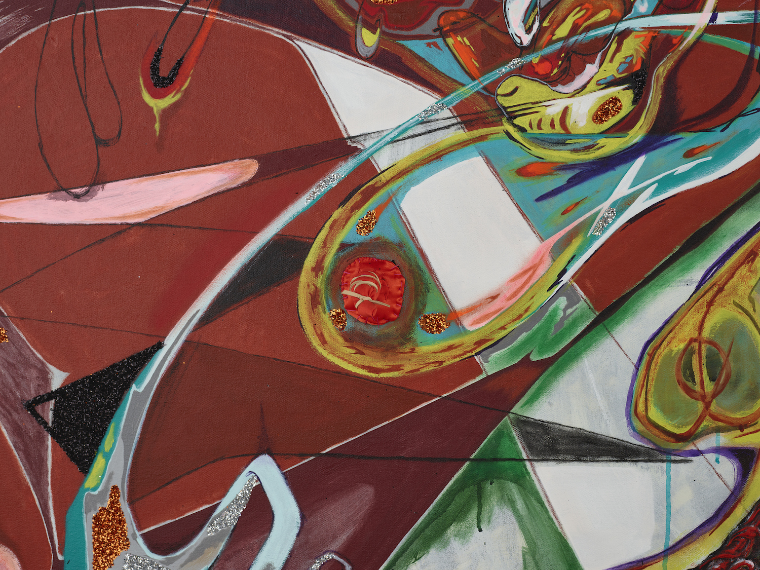 Detail view of Theresa Chromati's painting Tuned Extensions — Full Time Traveler (Woman Growing with Her Scrotum Flowers)